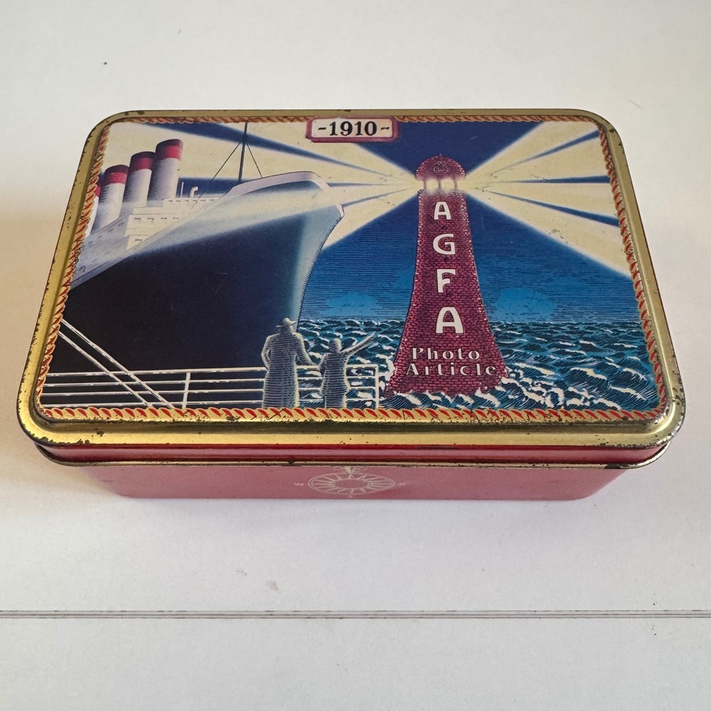 Agfa Photo Article 1910 Steamship Lighthouse Vintage Style Red Metal Tin Box
